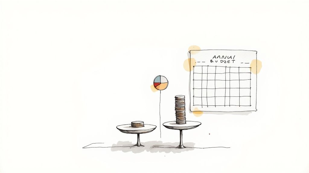 Hand-drawn illustration of financial planning: coins on tables, a pie chart, and an annual budget grid.