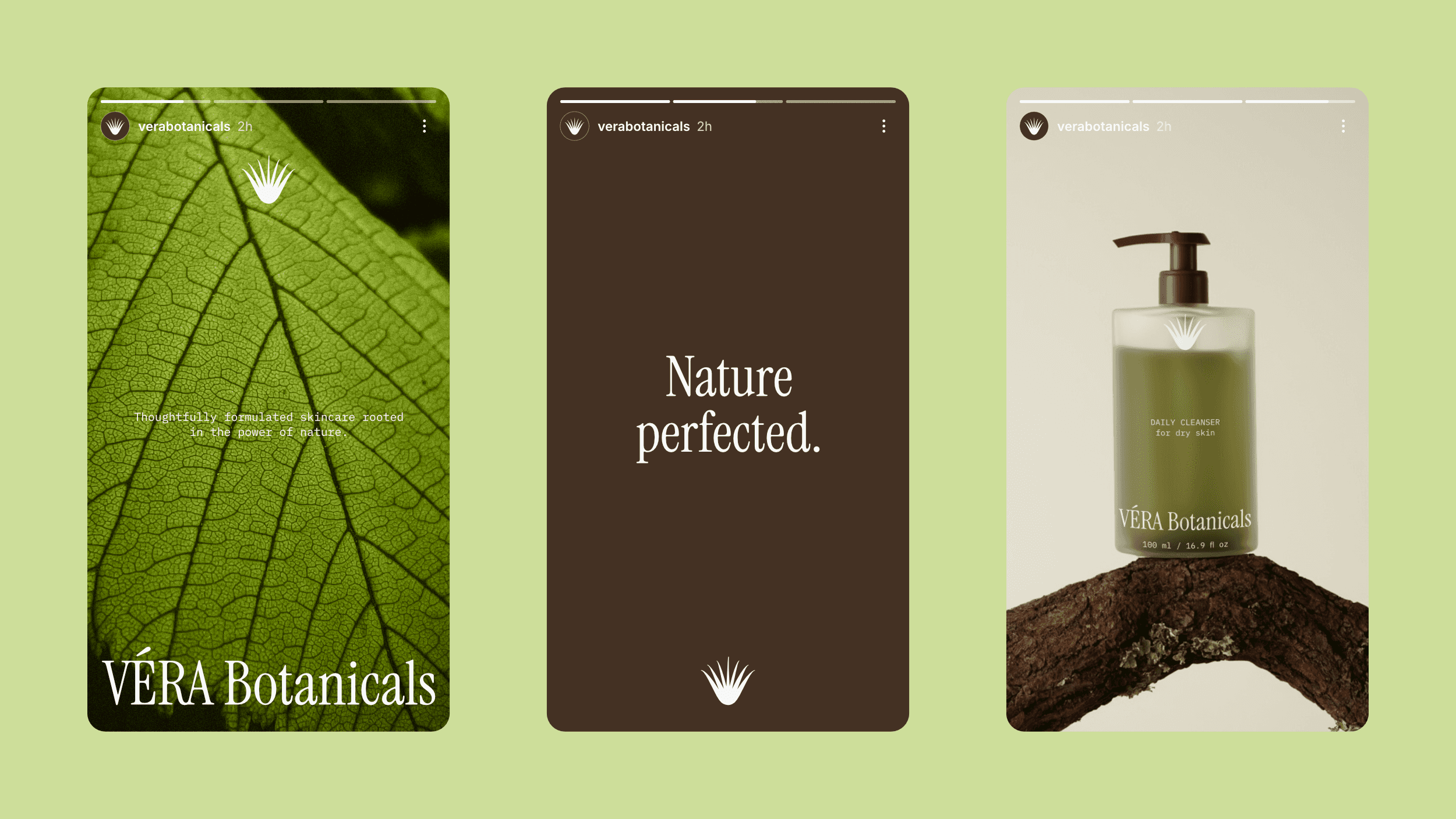Instagram story designs for VÉRA Botanicals. The design on the left features a green leafy-textured background with the brand logo at the bottom of the image and some text in the center. The design in the middle features a brown background with the brand logo at the bottom and the words "Nature perfected." in the center. The design on the right features a photo of one of the brand's packaging bottles sitting on a branch.
