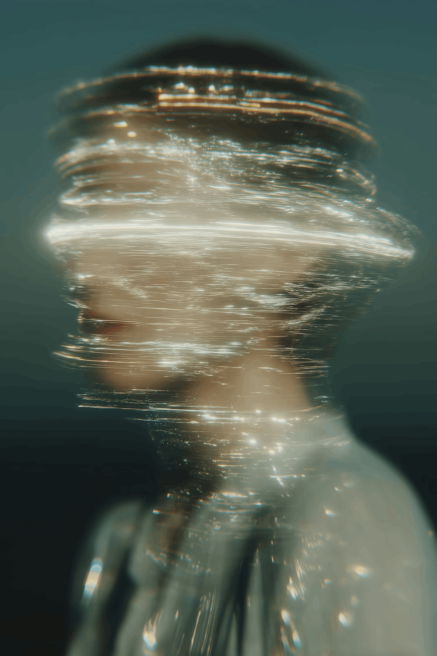 Glitched portrait of a person with bright horizontal light streaks.