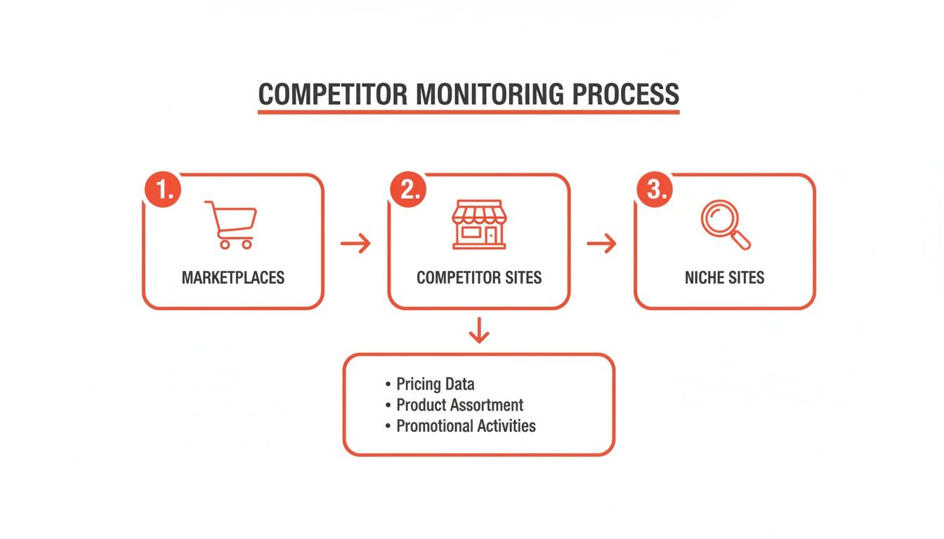 Flowchart detailing competitor monitoring process for marketplaces, competitor and niche sites, gathering pricing, product, and promotional data.