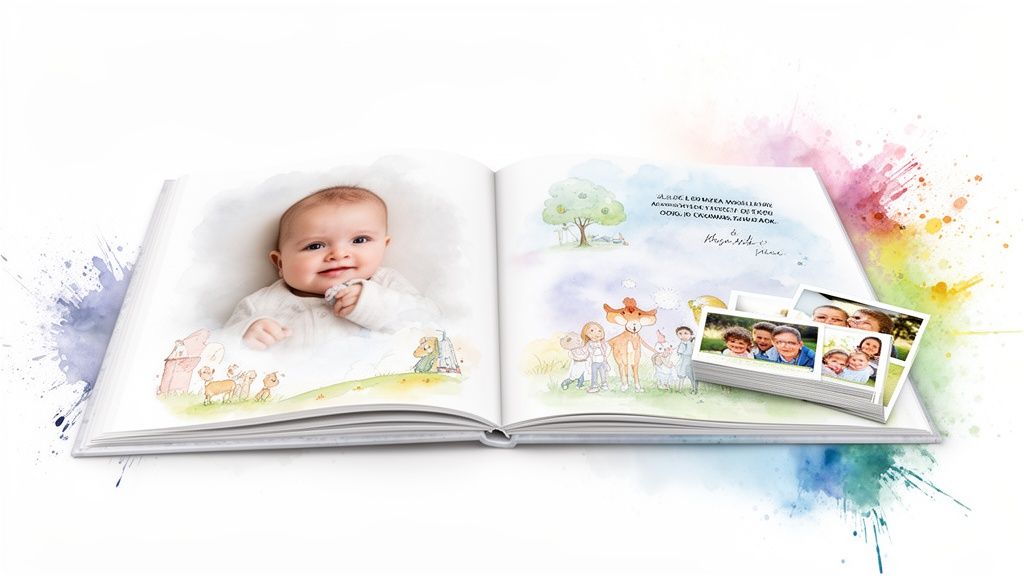An open personalized baby photo album displaying a smiling baby, colorful illustrations, and a stack of family photos.