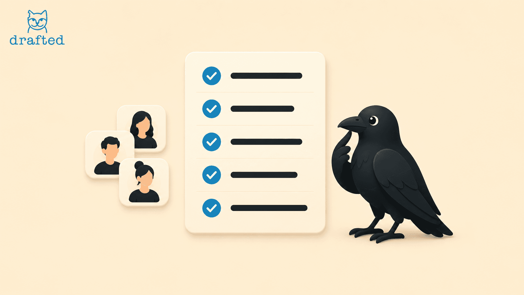 A cartoon crow stands thoughtfully beside a checklist with blue checkmarks, while three profile icons of diverse individuals are displayed, set against a minimalistic beige background.
