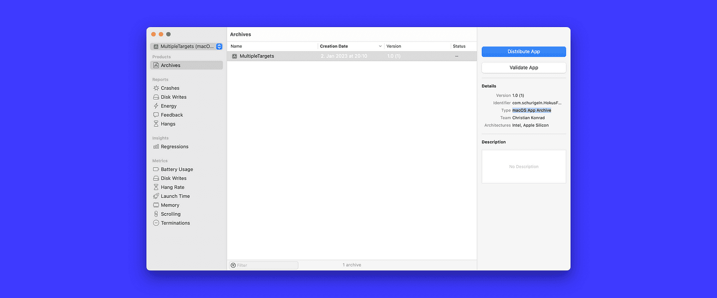 XCode Organizer with macOS App Archive