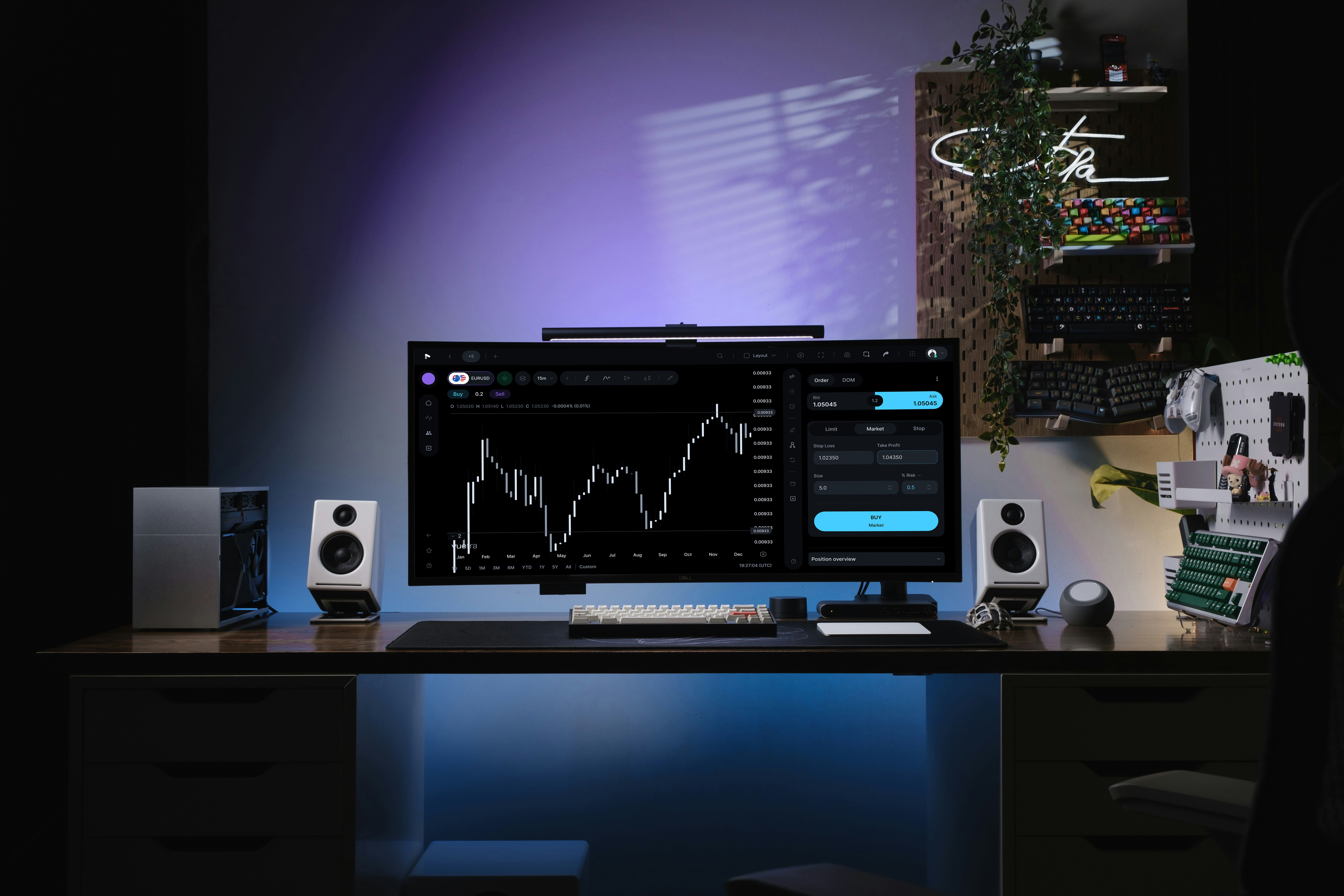 Trading Platform Vuetra, on a desk with purple background