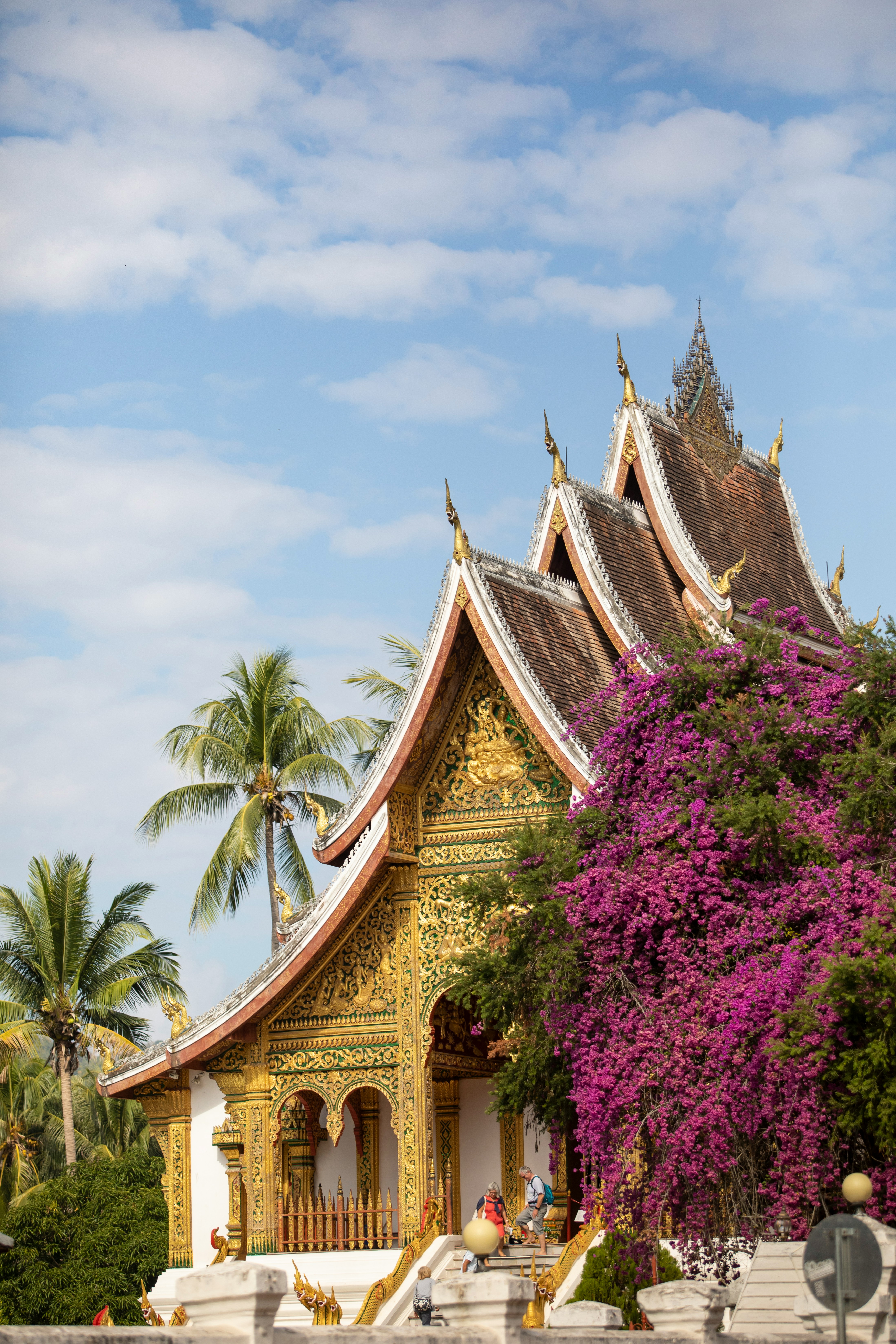A white and gold building with purple flowers in front of it