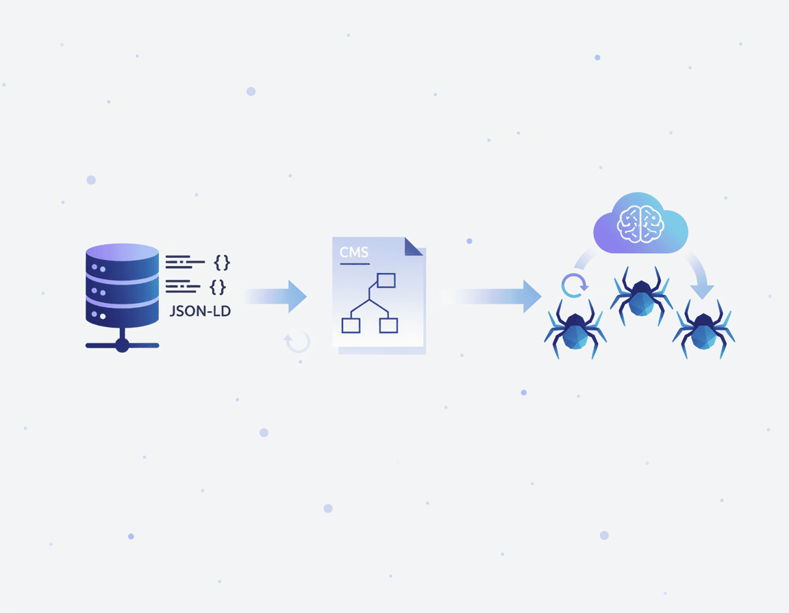 Flow chart showing CMS outputting JSON-LD schema and sitemaps that trigger crawlers and AI ingestion