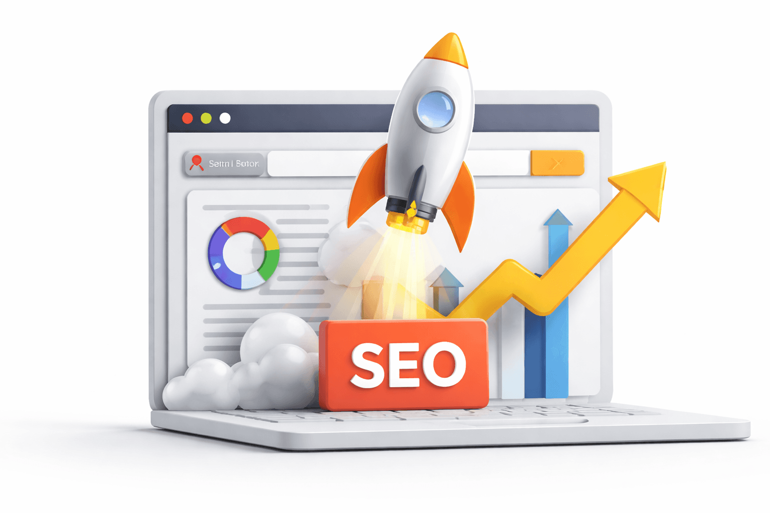 Een grafisch afbeelding waarop SEO visueel wordt afgebeeld