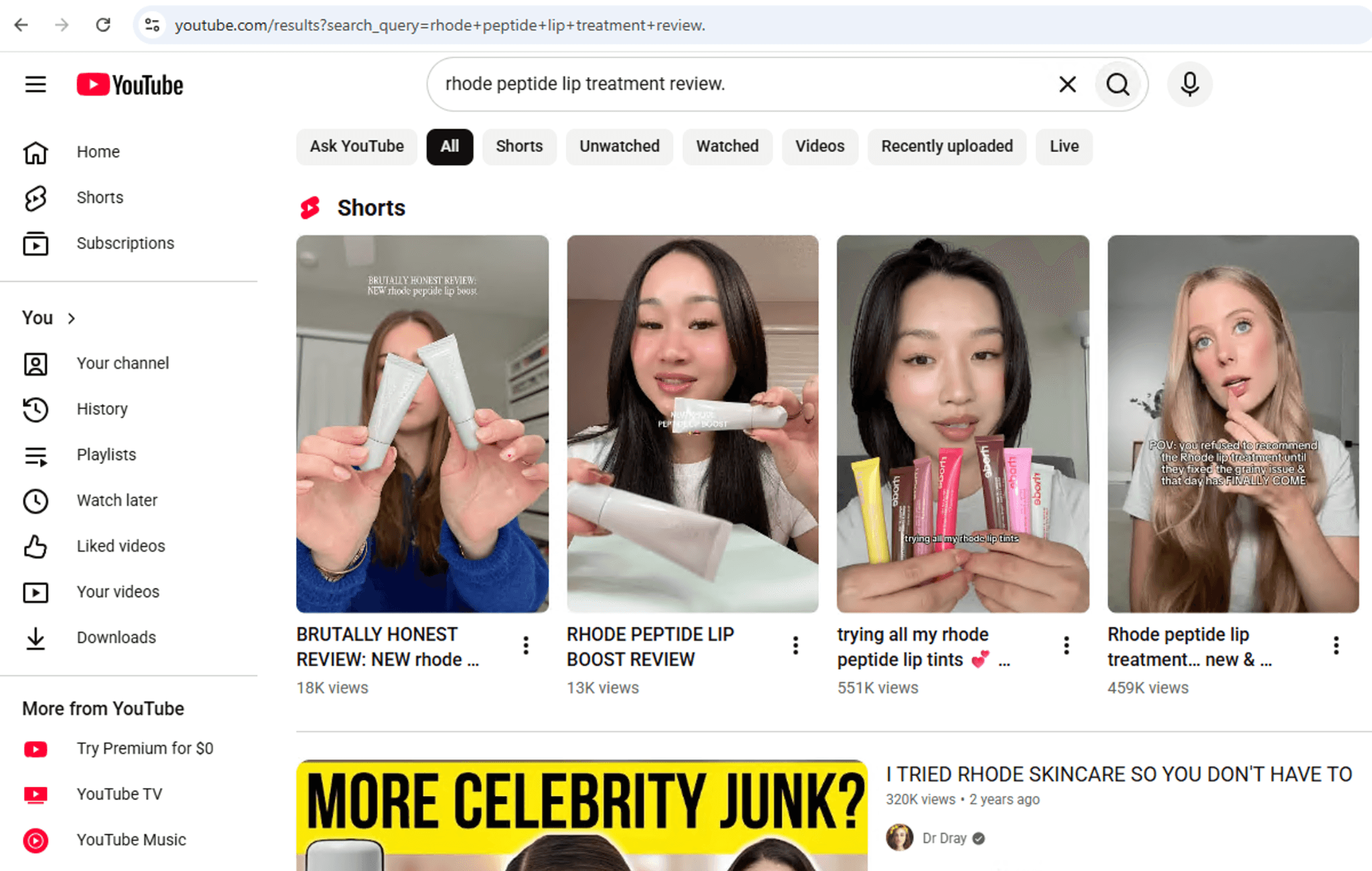 YouTube search results for Rhode peptide lip treatment reviews featuring various influencers.