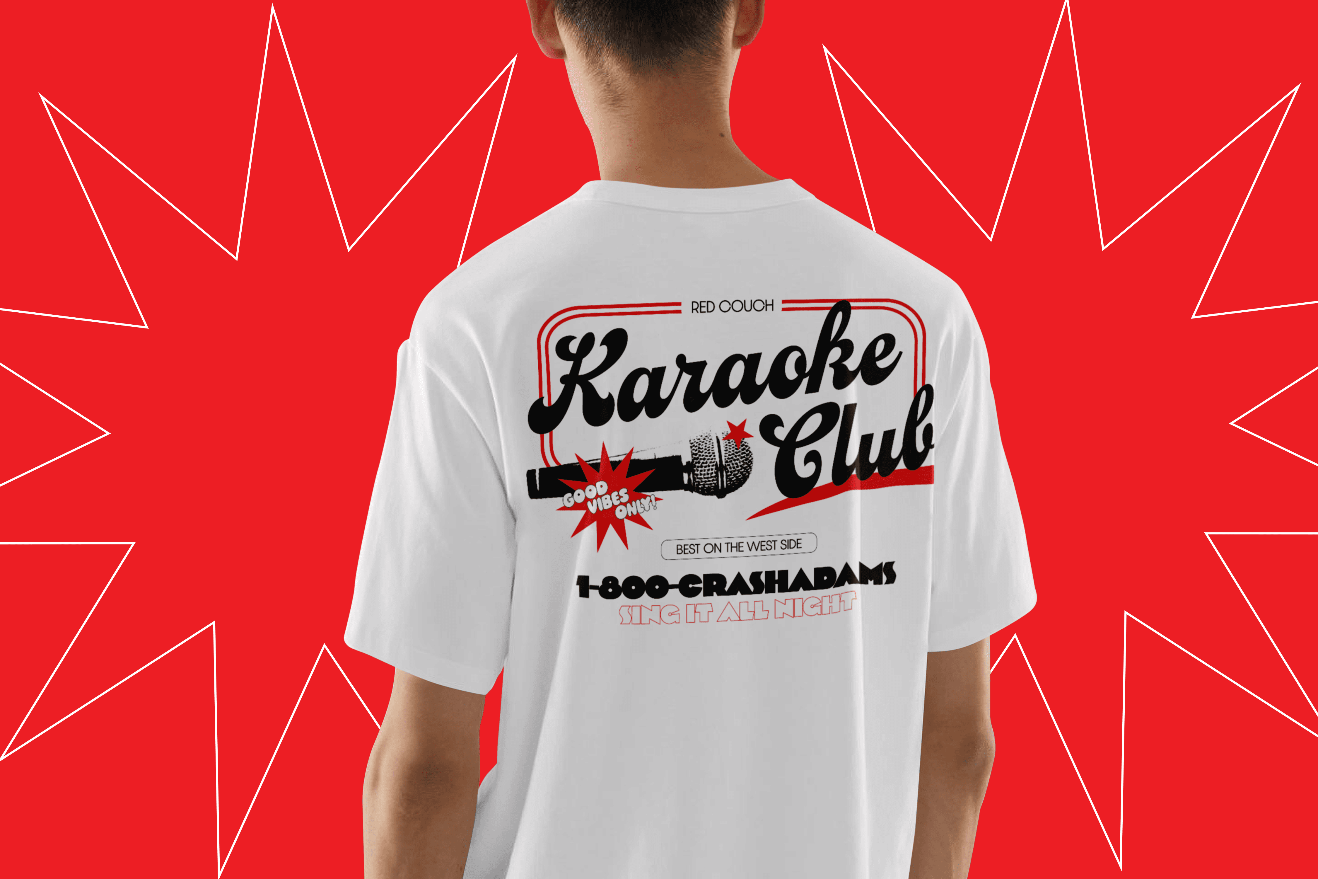 Close up image of back of shirt worn by man, bright red background