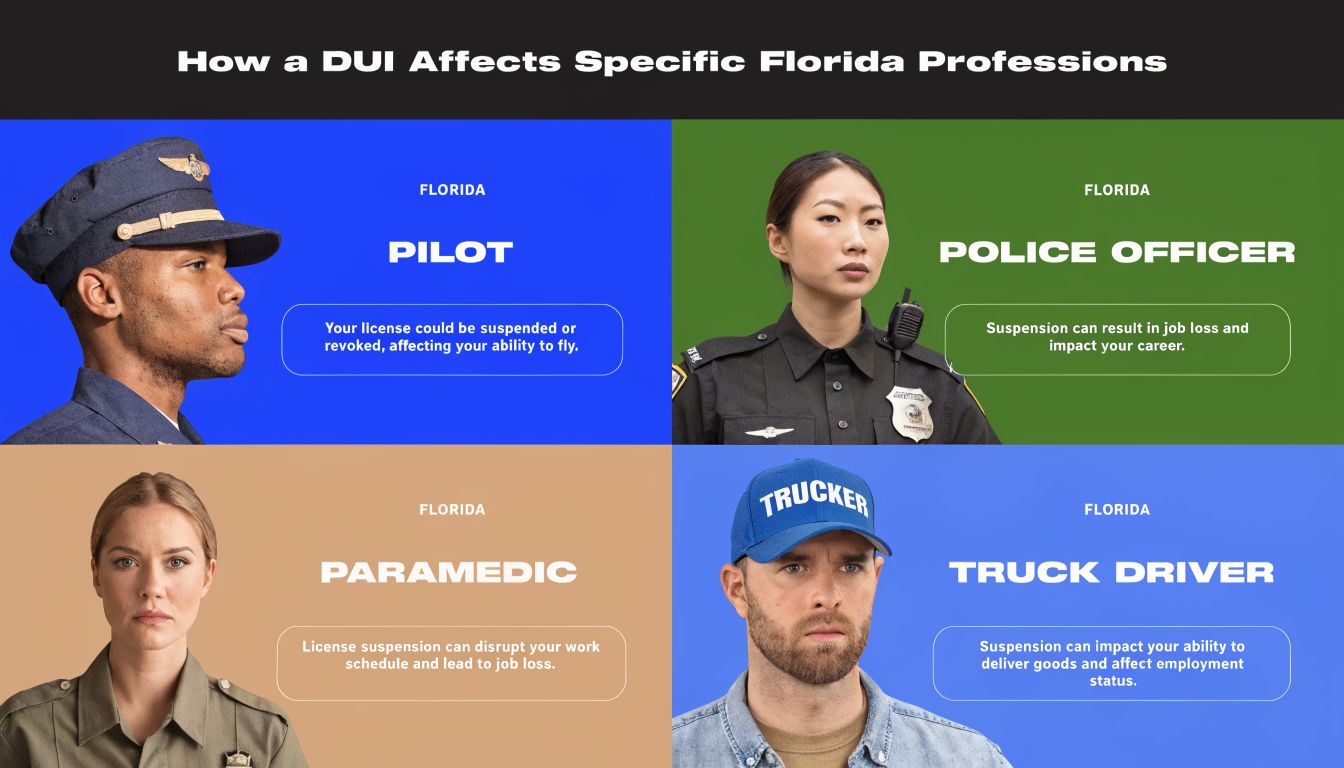 An infographic showing how a DUI conviction impacts various professional careers in the state of Florida.