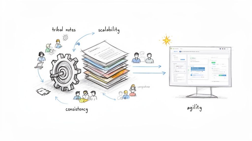 Illustrates how digital transformation improves consistency, scalability, and agility from tribal notes and paper processes.