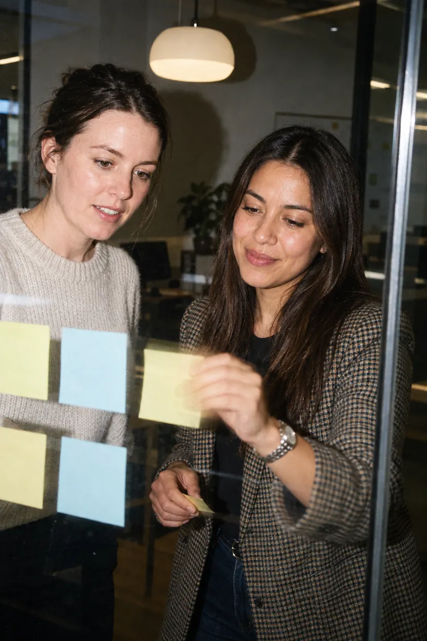Two colleagues arranging sticky notes on a glass wall