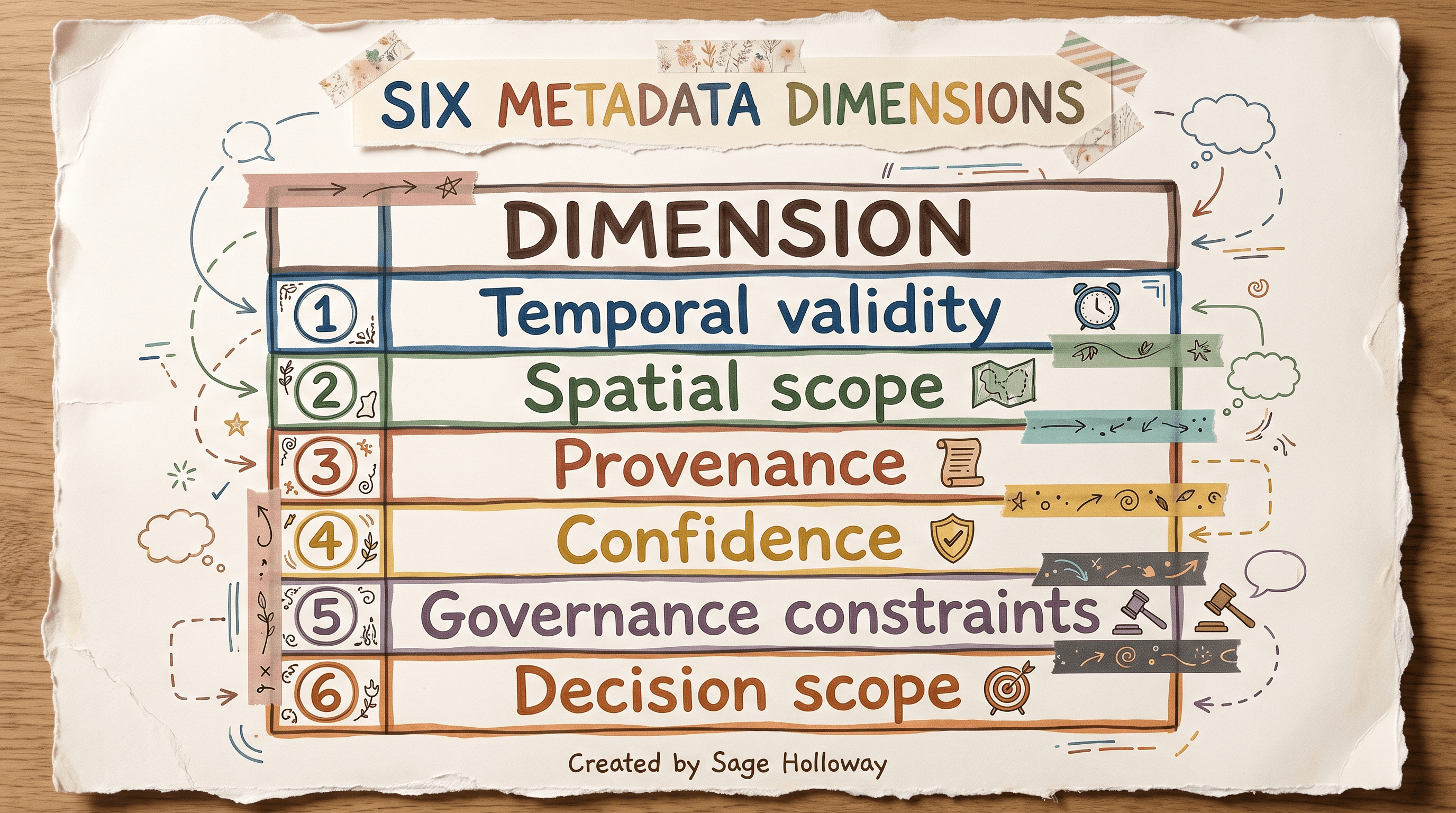 Table listing six metadata dimensions for context graph assertions including temporal validity and provenance