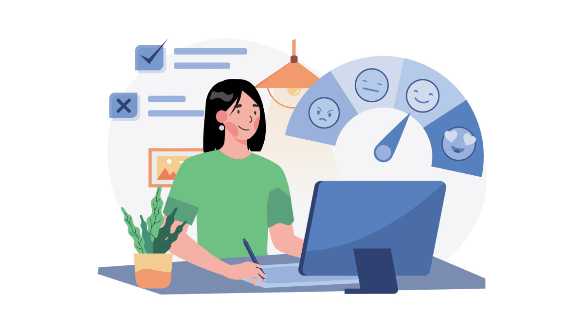 Illustration of a person smiling at a desk with a feedback gauge showing positive emotions—representing personality interviews and how to confidently express who you are and what drives you.