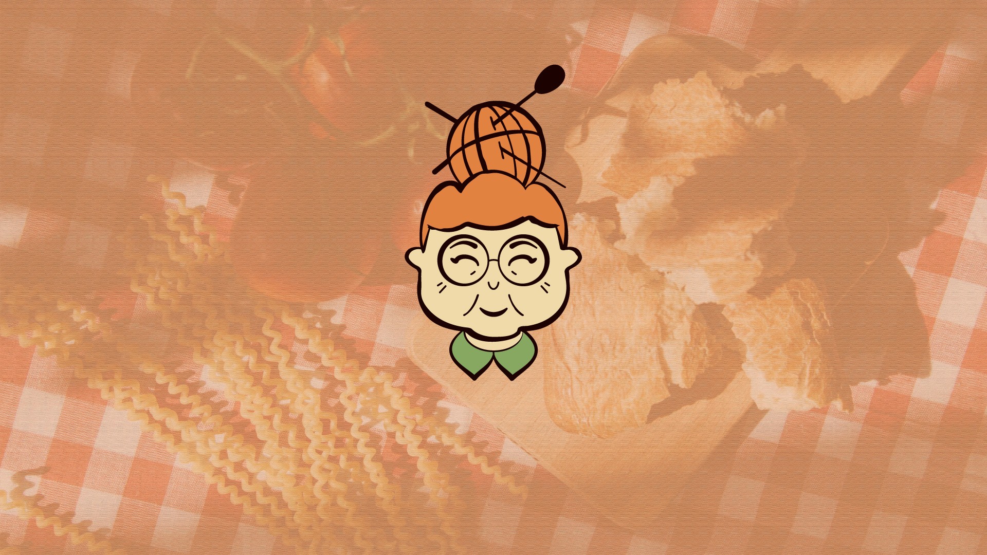 The logomark of Nonnanomad over a retro cooking setting of checkered cloth, tomatoes, pasta