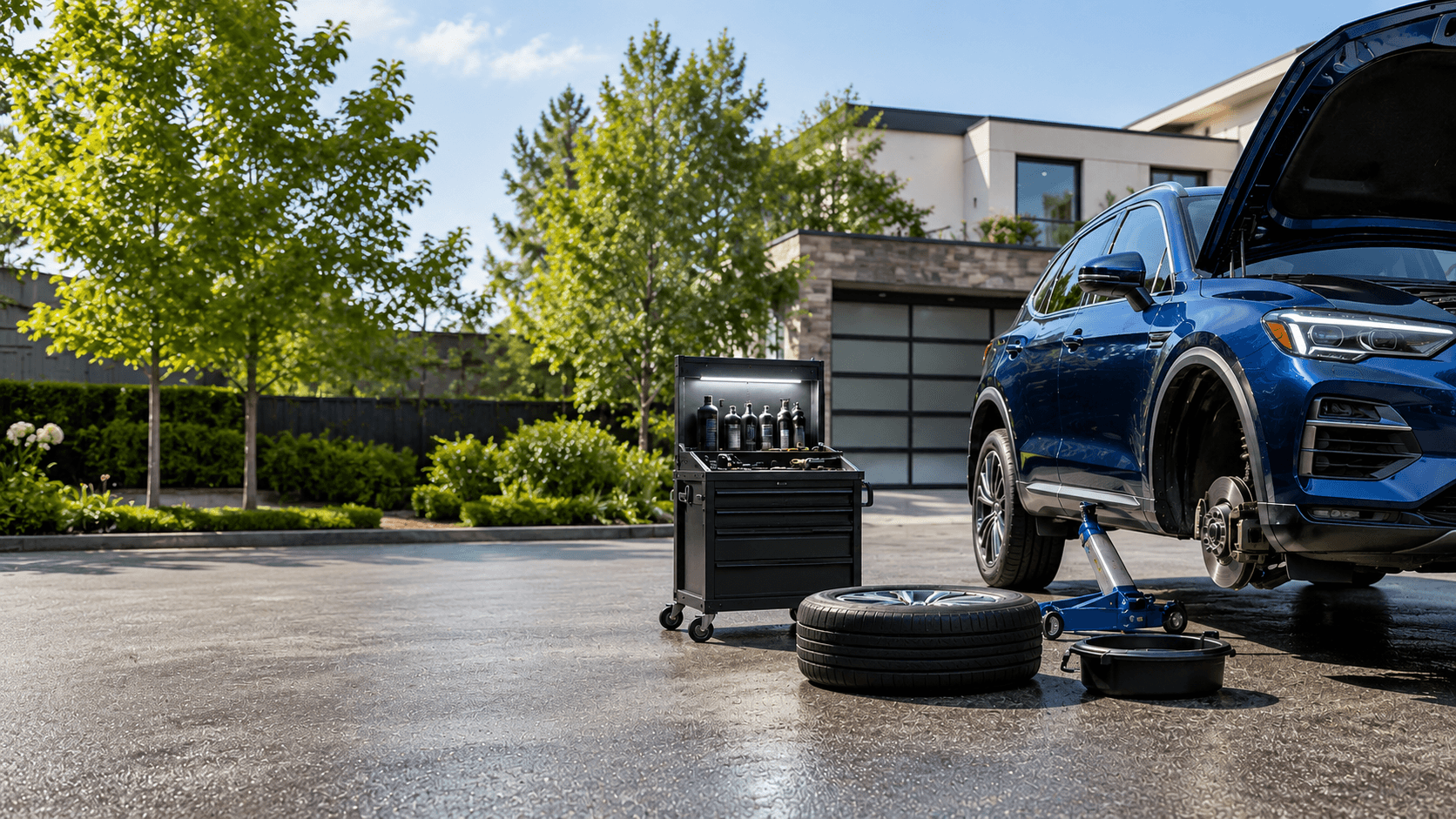 mobile oil change car on jack stands