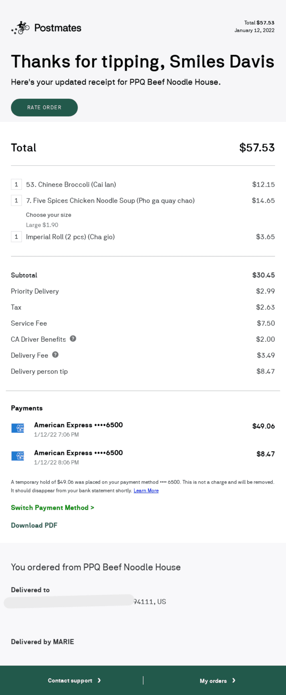 Invoice & Payment Receipt.png – A Postmates email showing an order summary, tip confirmation, and receipt details