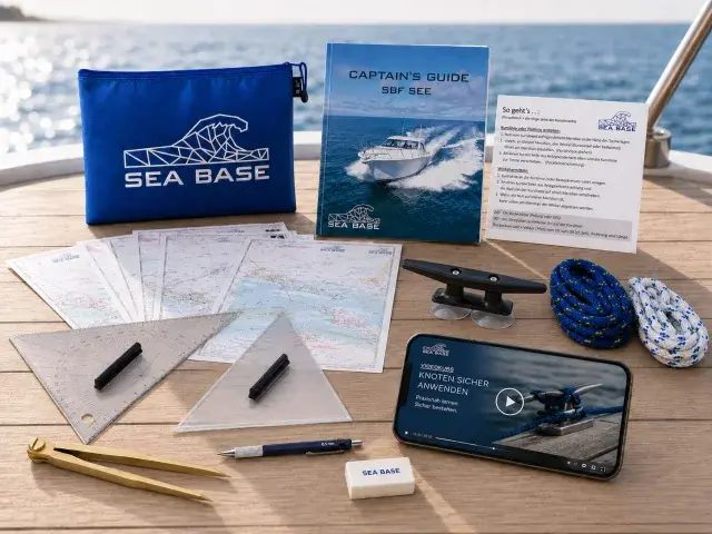 Starterset für den SBF See und Binnen mit Seekarten, Navigationsbesteck, Knotenmaterial und Lernunterlagen