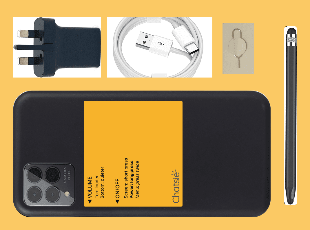 Chatsie phone starter kit including charging plug, USB cable, SIM tool, stylus, and the phone with a yellow instruction card on the back.