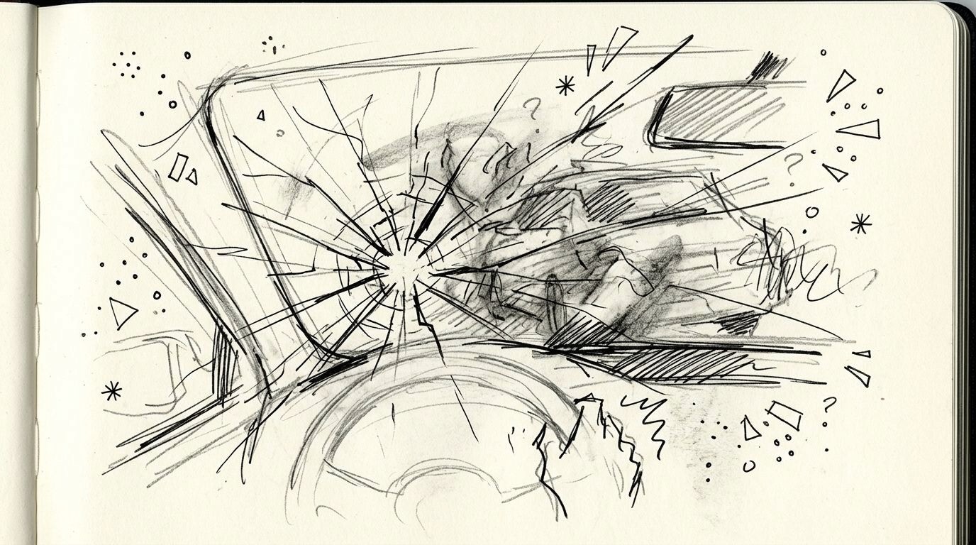 A chaotic pencil sketch depicting a car windshield shattering from a violent impact with a drunk driver.