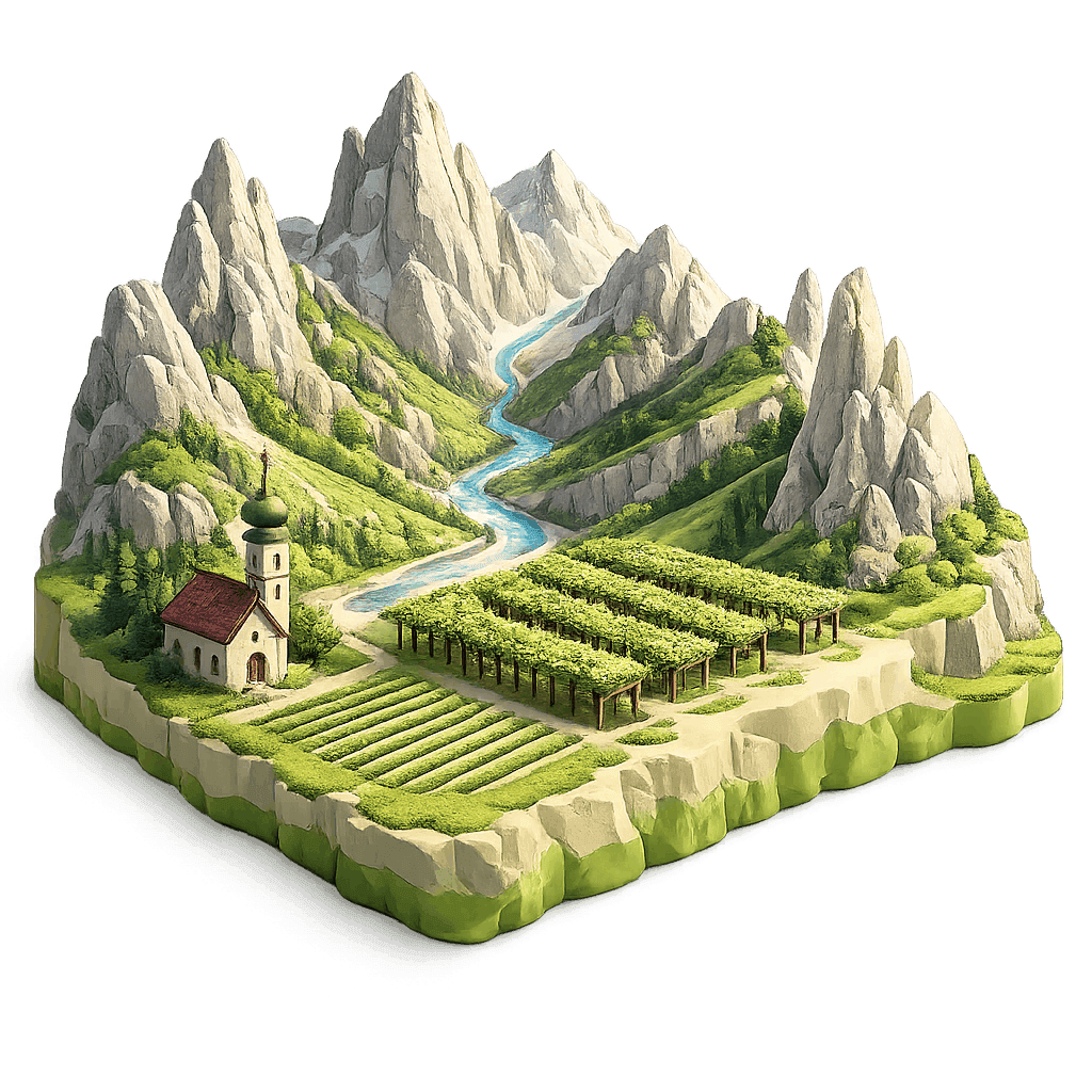 Artistic illustration of the Trentino-Alto Adige/Südtirol wine region.