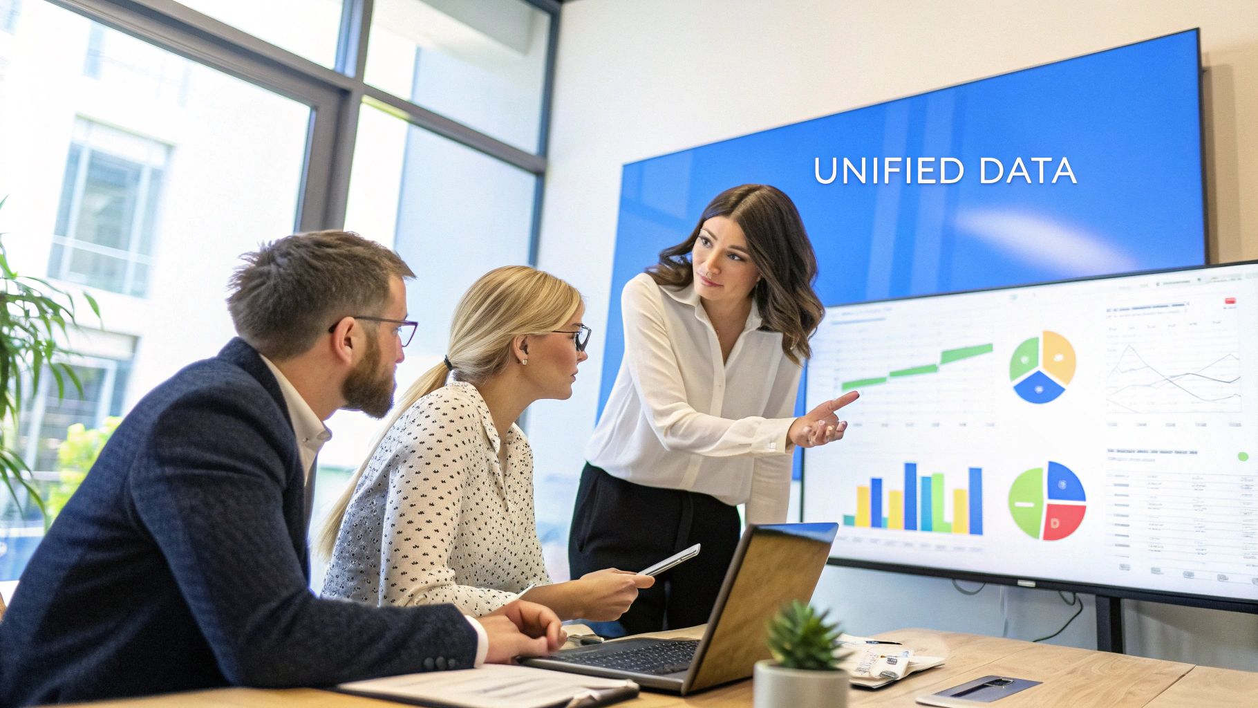A team collaborating around a large screen displaying a customer experience dashboard