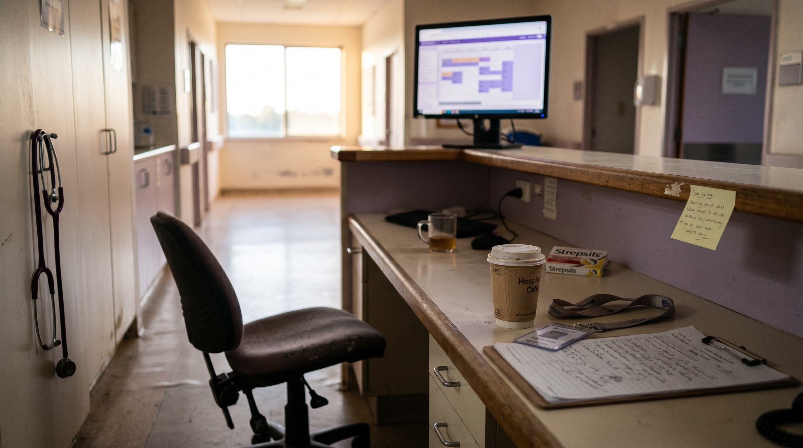 An empty but lived-in Australian workplace scene shot in early morning before the shift starts: a hospital nursing station corridor, partially lit by soft natural light from a window at the end of the hallway. A single abandoned paper cup sits on the counter beside a lanyard and a handover sheet. A stethoscope hangs from a hook. A chair is pushed back at an angle, as though someone stood up quickly. 