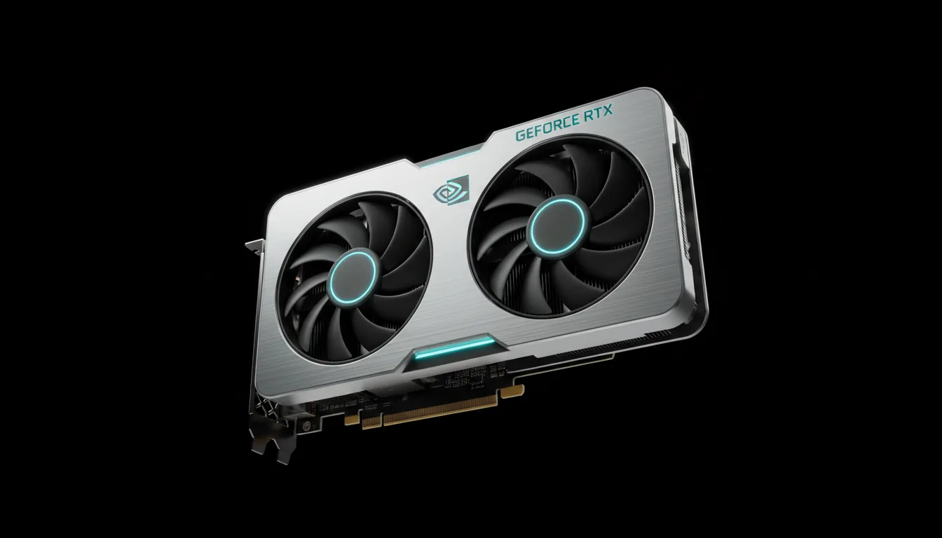 3D product render of a futuristic NVIDIA GeForce RTX graphics card, Founders Edition, captured in a low-angle hero shot. The GPU features a sleek industrial design with a brushed silver aluminum shroud and two matte black cooling fans. Soft studio lighting creates clean, elegant reflections on the metallic surfaces, emphasizing the textures. The graphics card is isolated and floats against a solid pure black studio background, creating a high-contrast, cinematic feel.