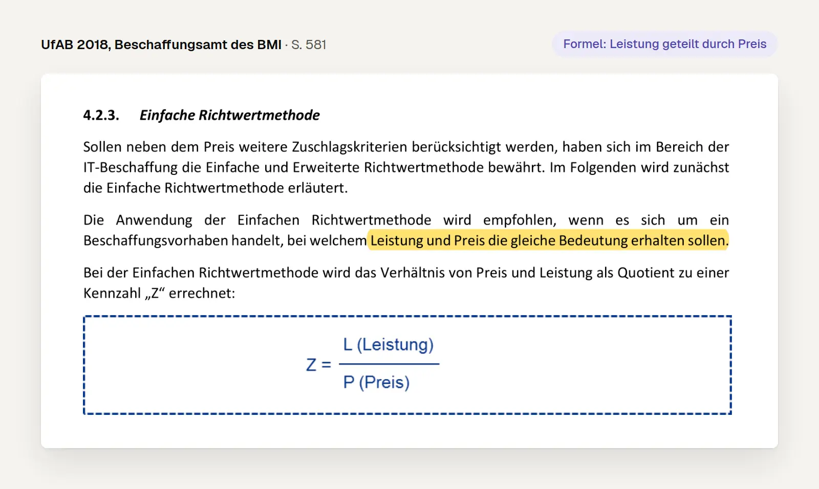 Ausschnitt aus der UfAB 2018, Seite 581: Einfache Richtwertmethode mit der Formel Z gleich Leistung geteilt durch Preis