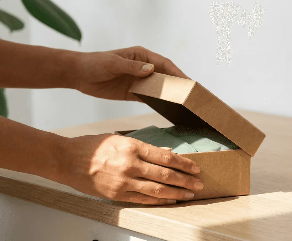 Hands opening a kraft box on a light wooden counter