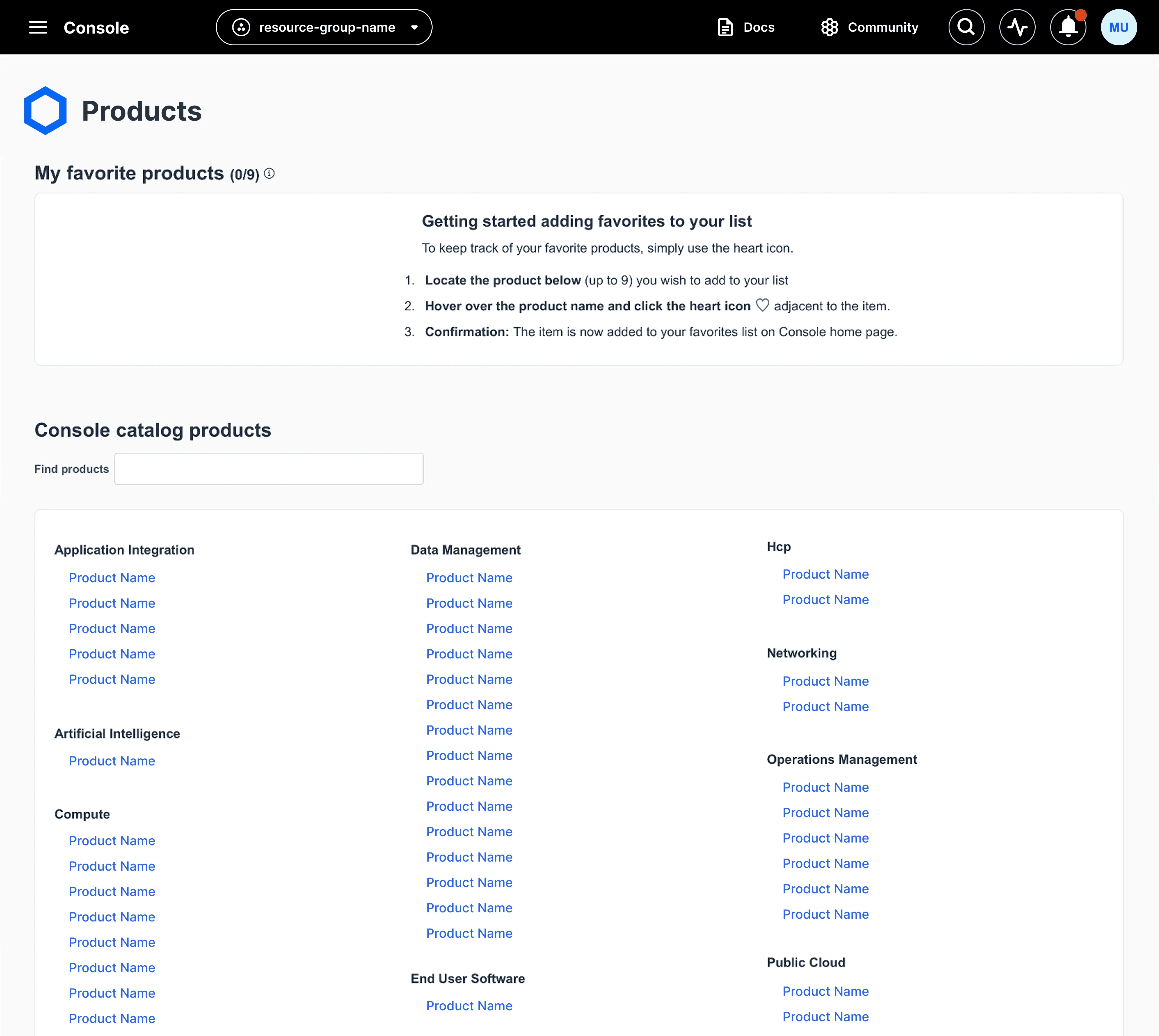 The old layout of the Console product catalog