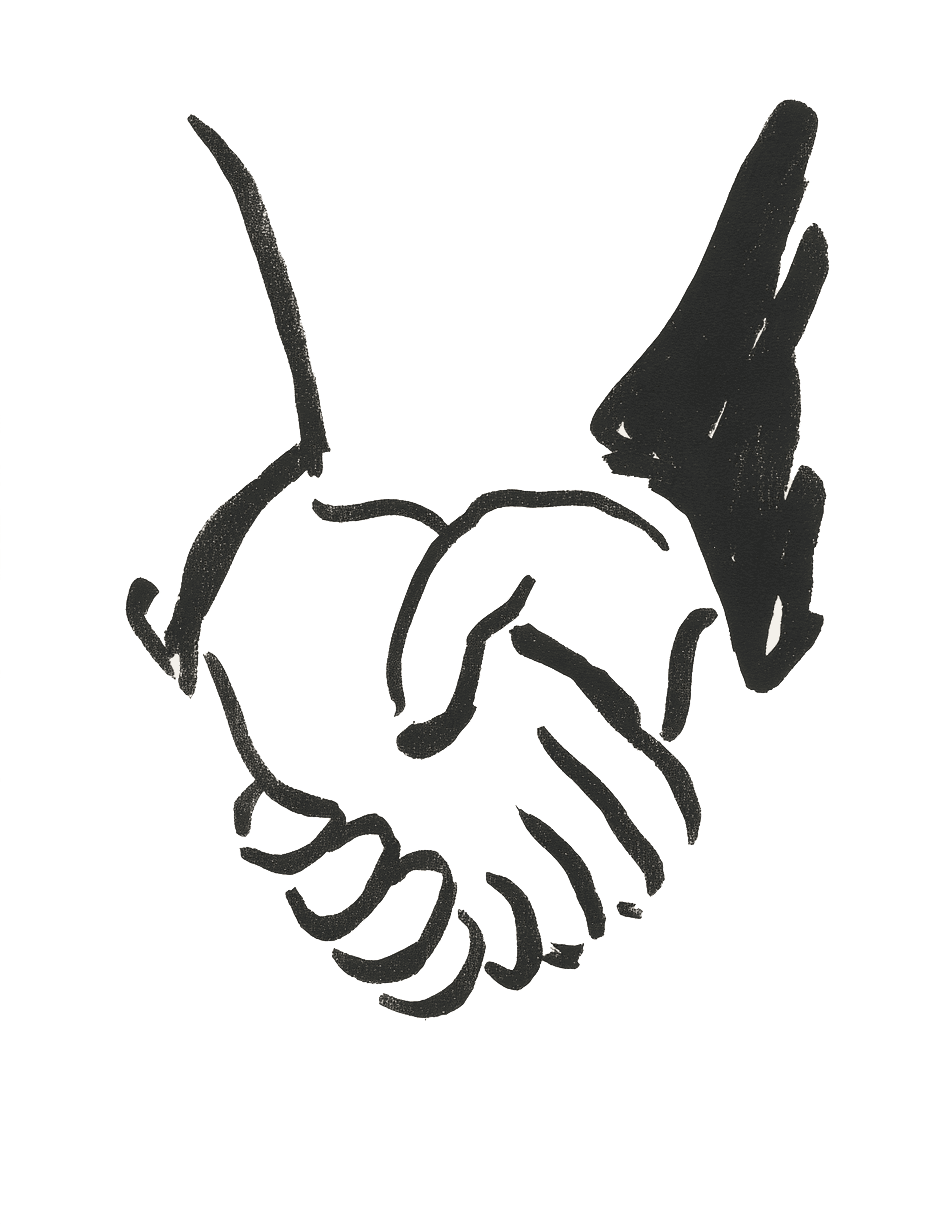 A simple hand-drawn illustration symbolizing partnership or greeting through a handshake.
