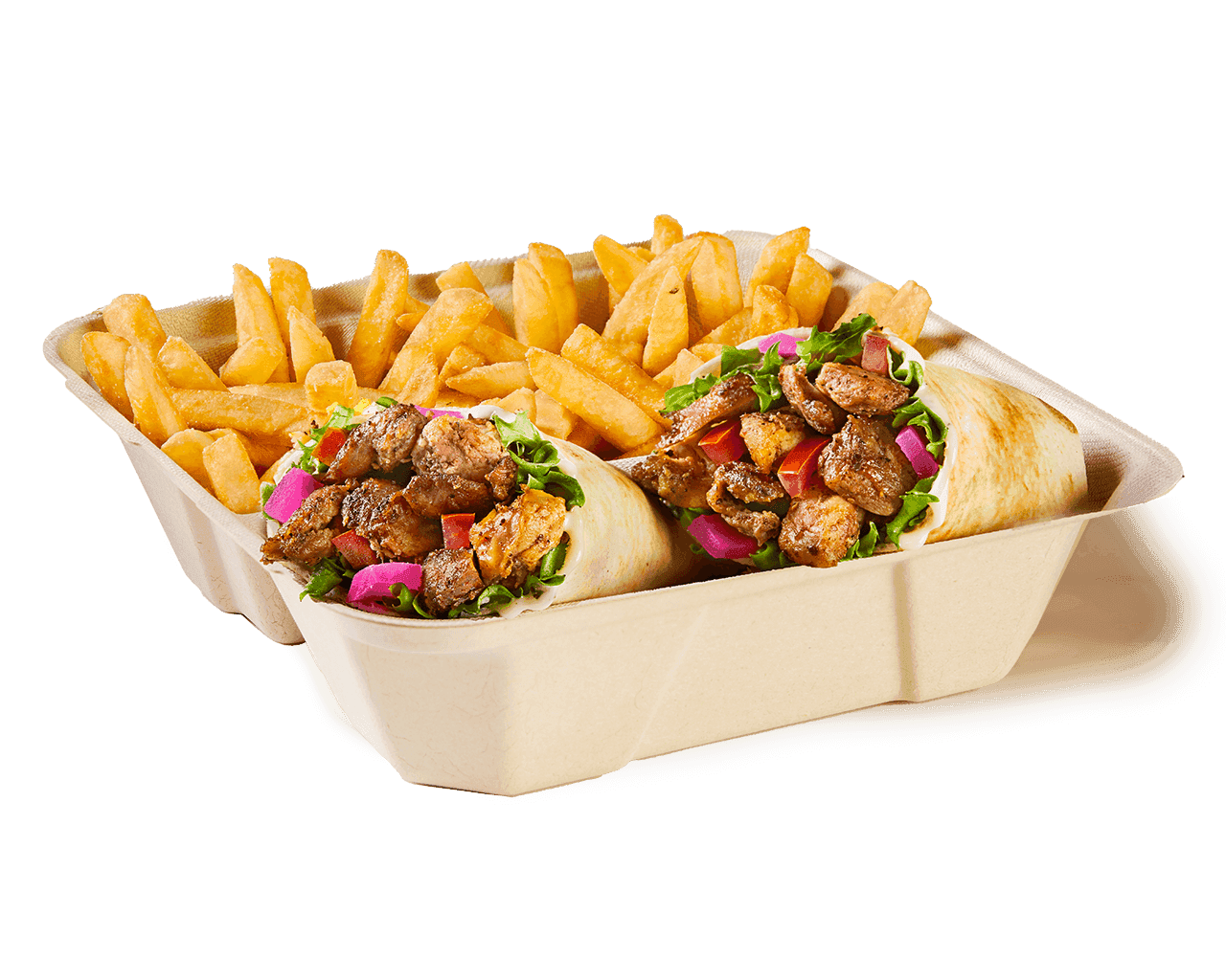 Osmow's Wrapbox meal with shawarma wrap cut in half served with ROCKS rice and STIX fries