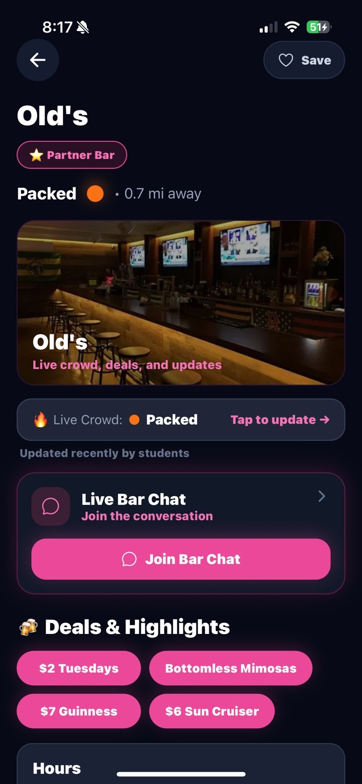 CampusBuzz Old’s bar detail screen