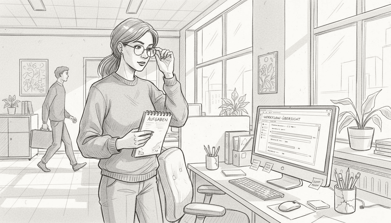 Eine Führungskraft verschafft sich einen Überblick über die automatisierten Arbeitsabläufe im Büro.