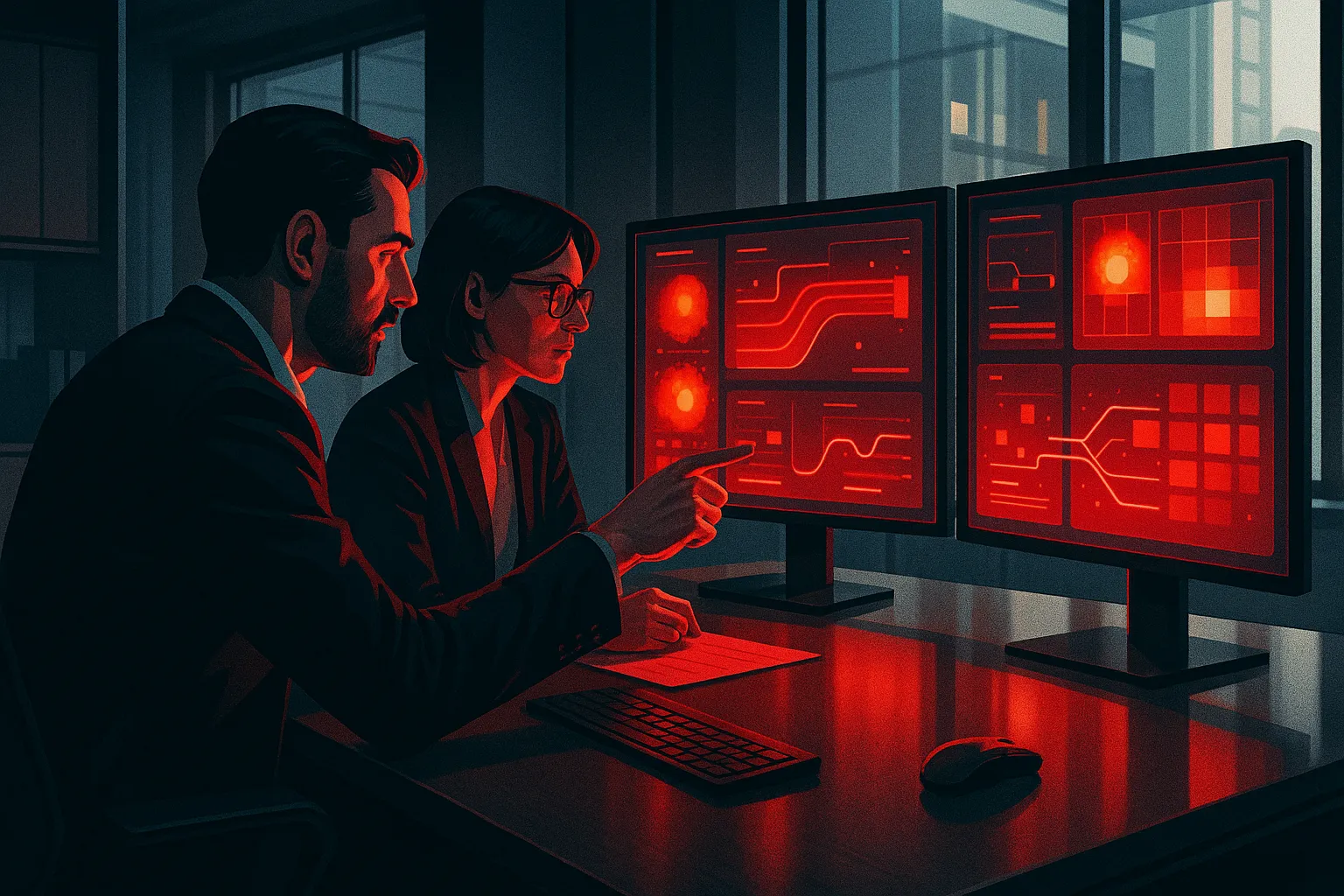 Two people analyze data on dual screens at RockN' Socials Digital Marketing Agency.
