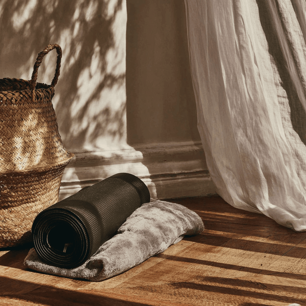 Yoga mat and basket in sunlit room with curtains