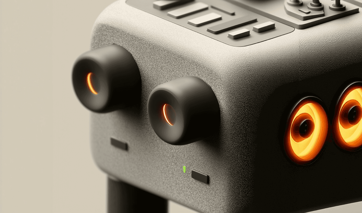 A sleek audio control device on a marble surface with a small potted plant.