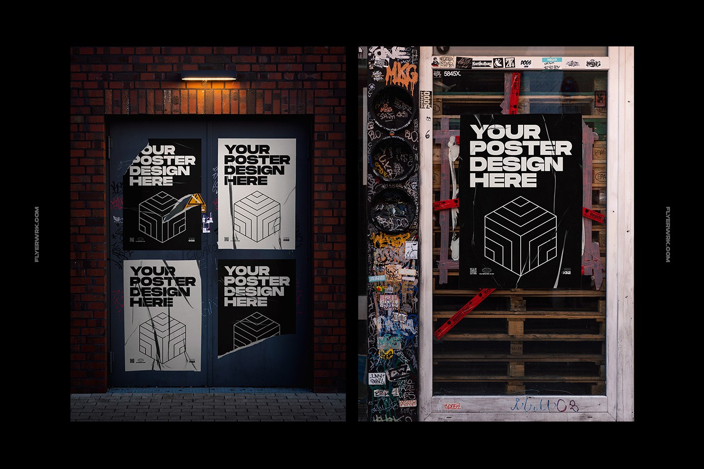 Urban poster wall mockup placed on graffiti covered street wall