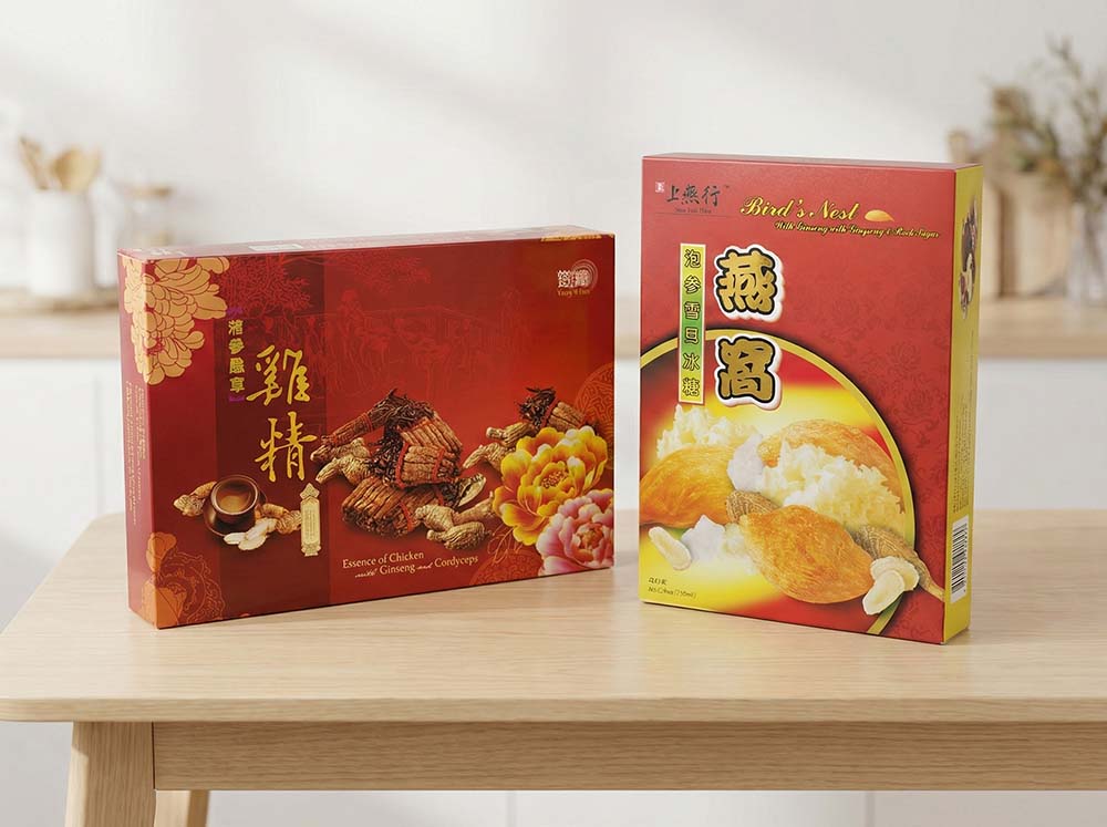 Custom offset printed packaging boxes for Sarawak local products including Midin Botanical Tea and Wild Tongkat Ali, featuring gold foil stamping and premium finishes.