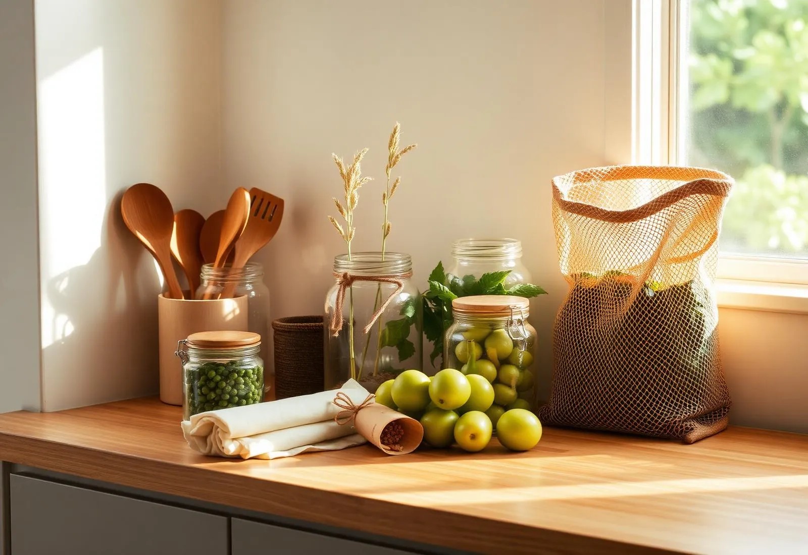 Eco-friendly kitchen essentials including reusable bags, glass jars, wooden utensils, and fresh produce in warm natural sunlight