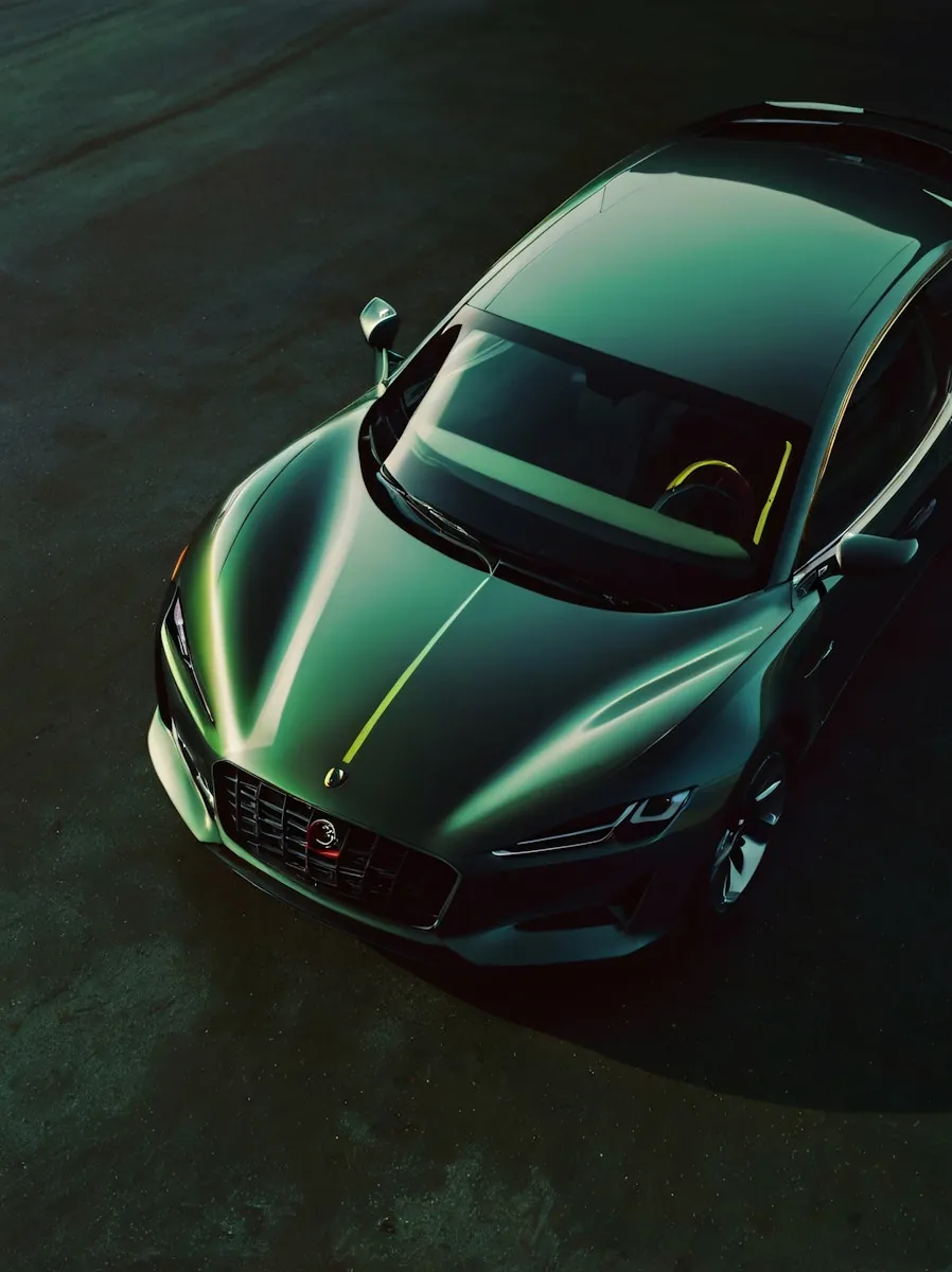 Green sports car from above
