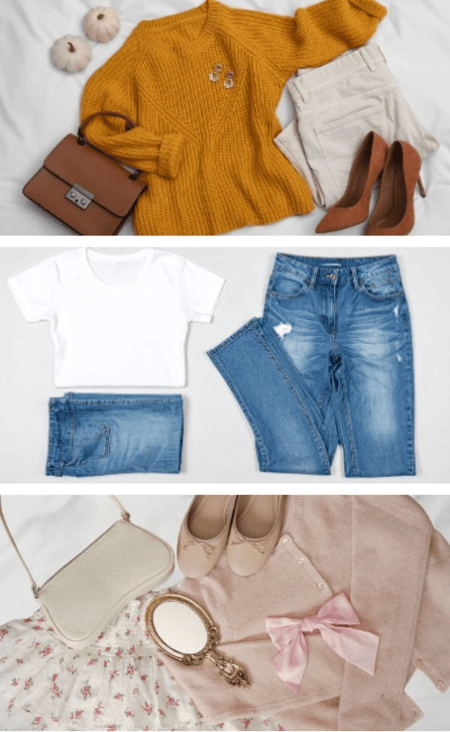 Three curated outfit flatlays showing capsule wardrobe inspiration: autumn tones with knits and heels, casual denim with a white tee, and soft feminine pastels with accessories for varied personal styles.