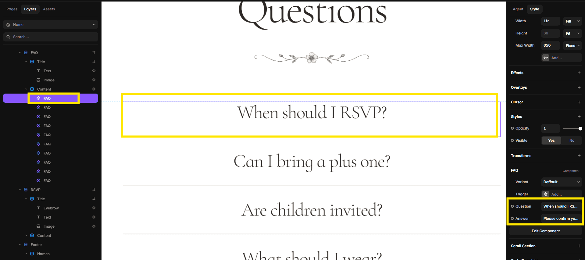 Editing Question and Answer fields in the Amorette FAQ component