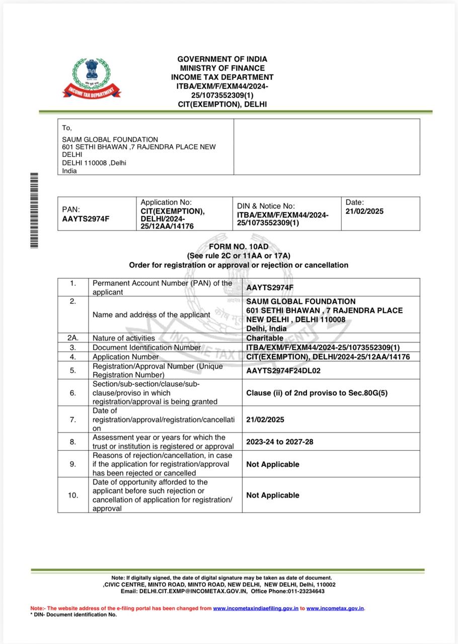 80G Tax Certificate — Saum Global Foundation