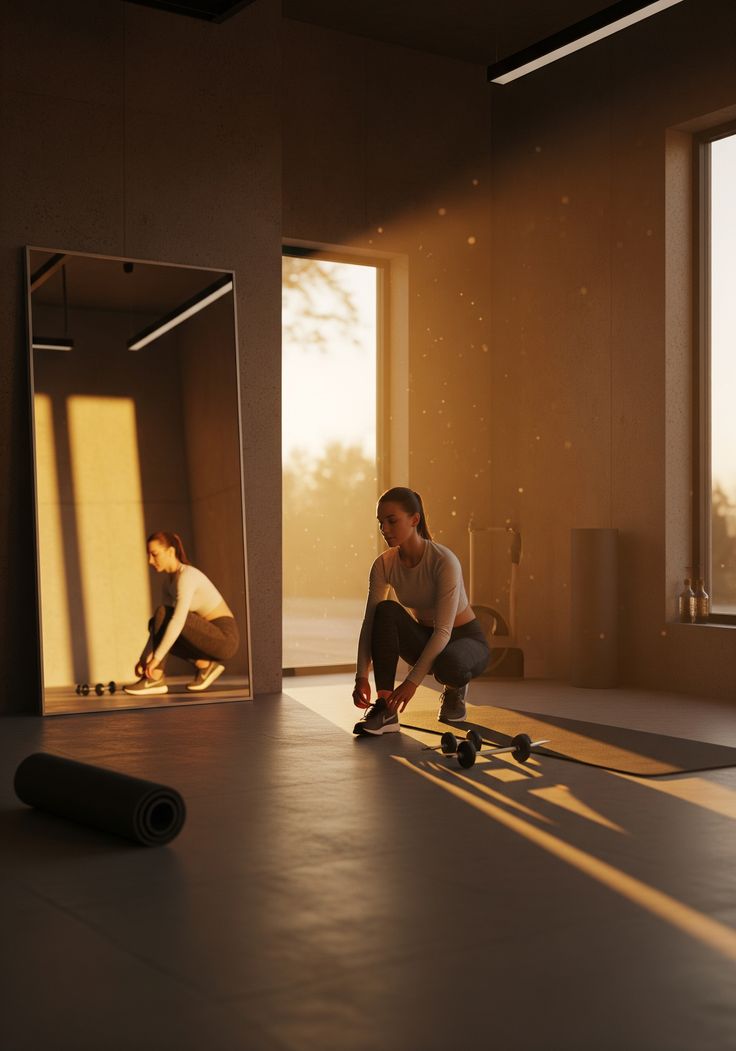 Woman stretching with arms overhead in a gym.