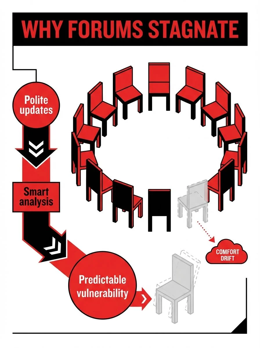Why Forums Stagnate: polite updates lead to smart analysis which leads to predictable vulnerability and comfort drift — the three patterns that cause CEO peer forums to lose depth and trust over time. — Rajesh Nagjee
