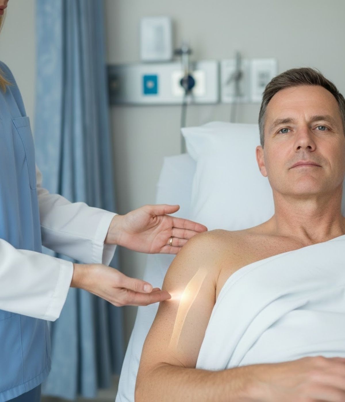 Helping a patient understand what is bicep tenodesis surgery using anatomical diagram.