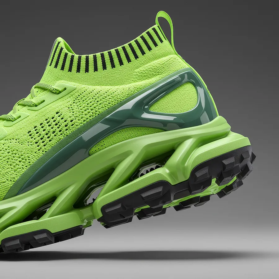 Close-up of a neon green high-top sneaker with black sole and unique sole support design.