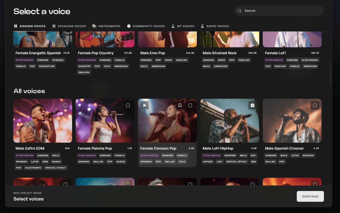 An open module of the Kits AI royalty-free voice library